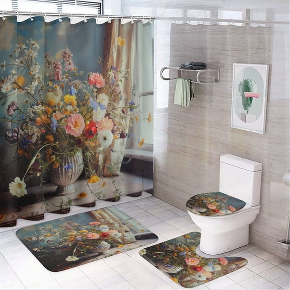 Shower Curtain Sets with Rugs 4 Piece with Non-Slip Rugs Toilet Lid Cover And Bath Mat Summer Flowers Waterproof Shower Curtain Wild Flowers Meadow Landscape for Bathroom Decor Set