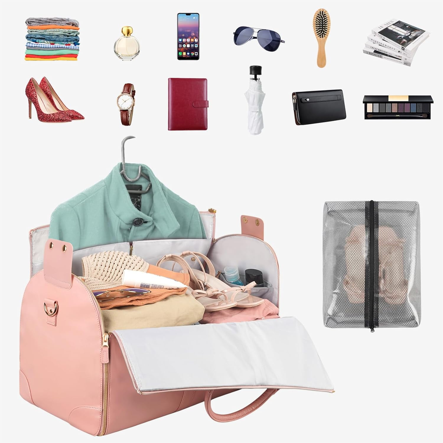 Rolling travel duffle, convertible suitcase, garment bag with wheels, PU leather construction, 3-in-1 design, shoe storage compartment, business trip essential, overnight luggage, wedding