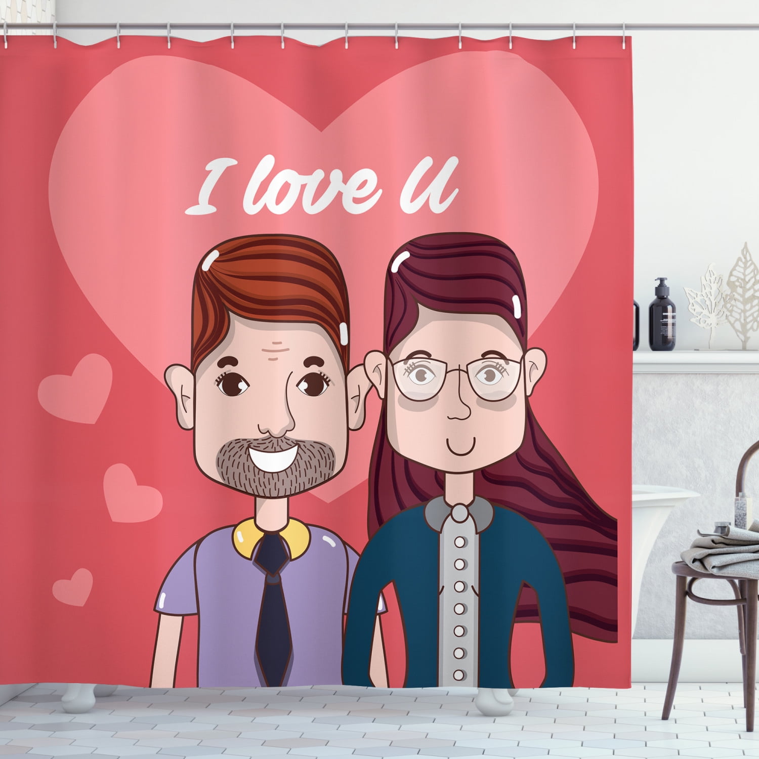 Nerdy Shower Curtain, I Love You Calligraphy with Heart Cartoon Couple