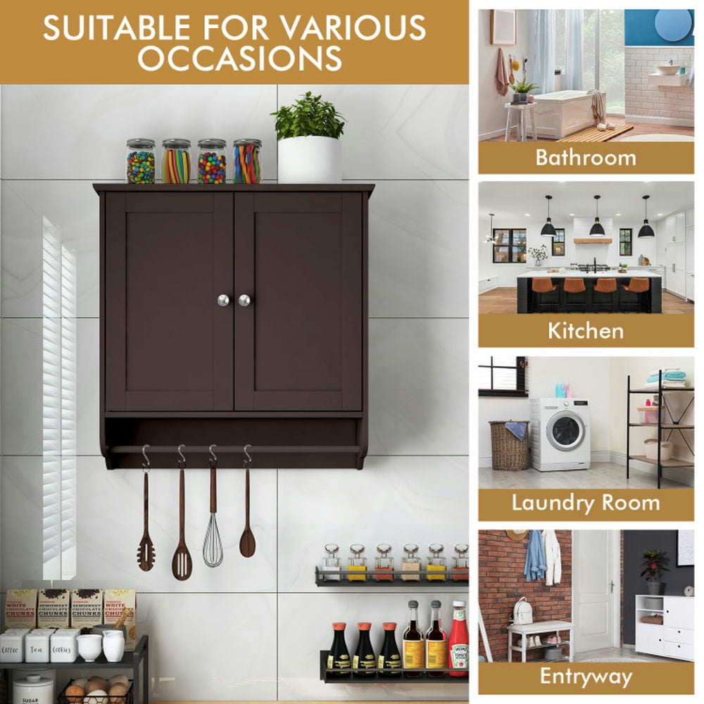 Finihen Wall Cabinet, Wall Mounted Bathroom Cabinet, Medicine Cabinet, Wall Mounted Bathroom Storage Medicine Cabinet with Towel Bar, for Kitchen Entryway Bathroom, Brown