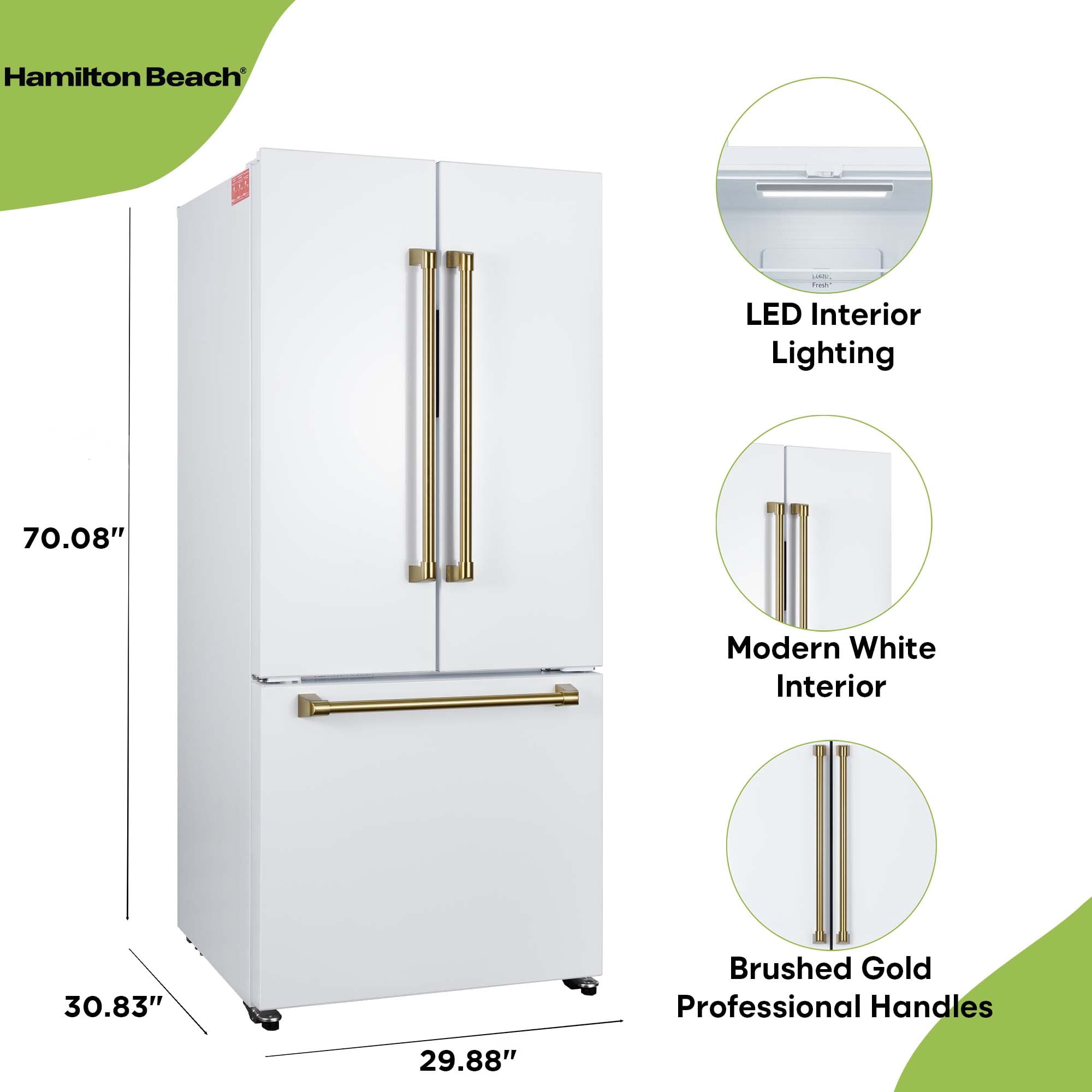 Hamilton Beach 17.7 Cu. ft. Frost Free French Door Refrigerator, Energy Star Rated Fridge with Inverter Compressor, LED Display, 6 Gallon Door Bins, Gold White