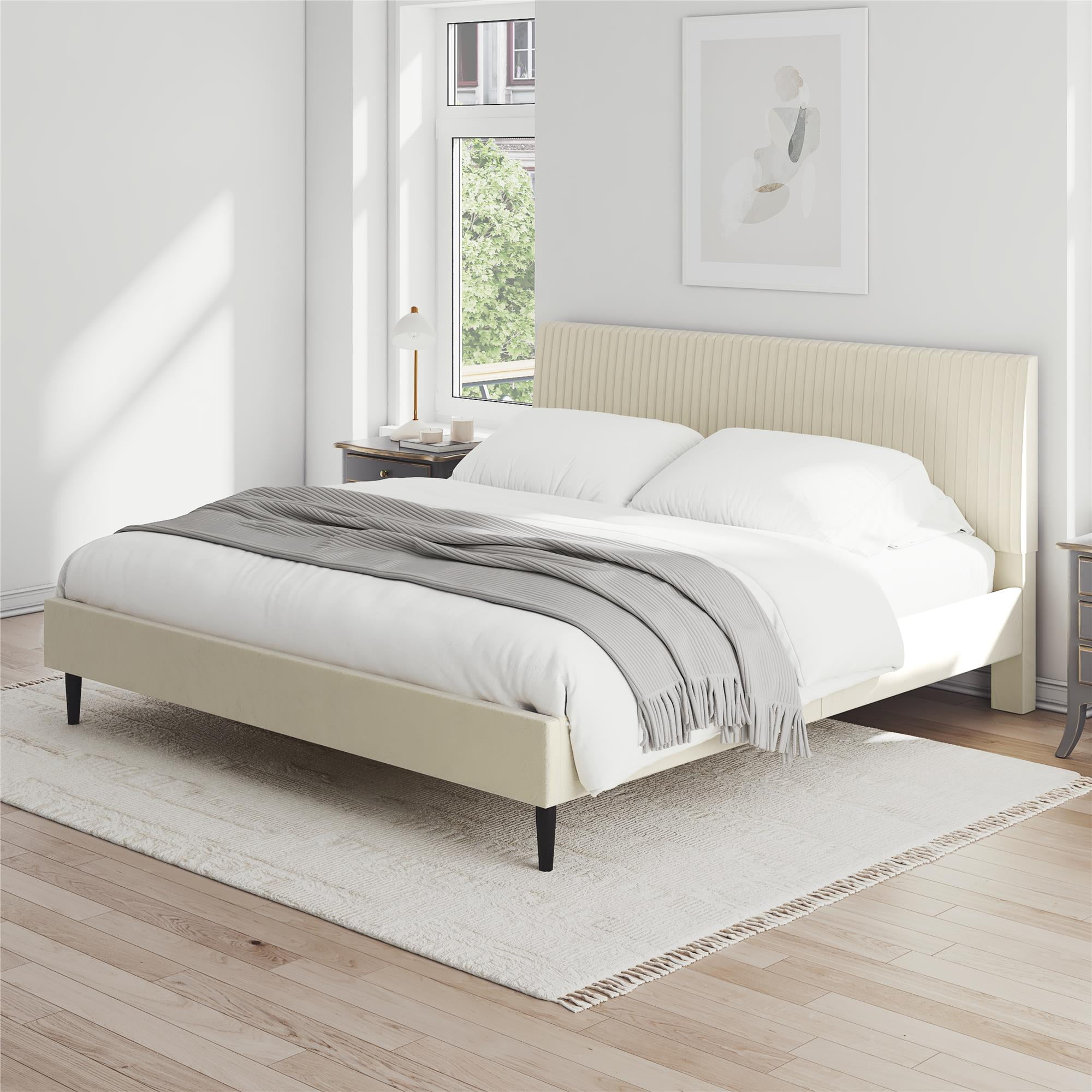 Mainstays Vera Upholstered Velvet Platform Bed, No Box Spring Required, King, Cream