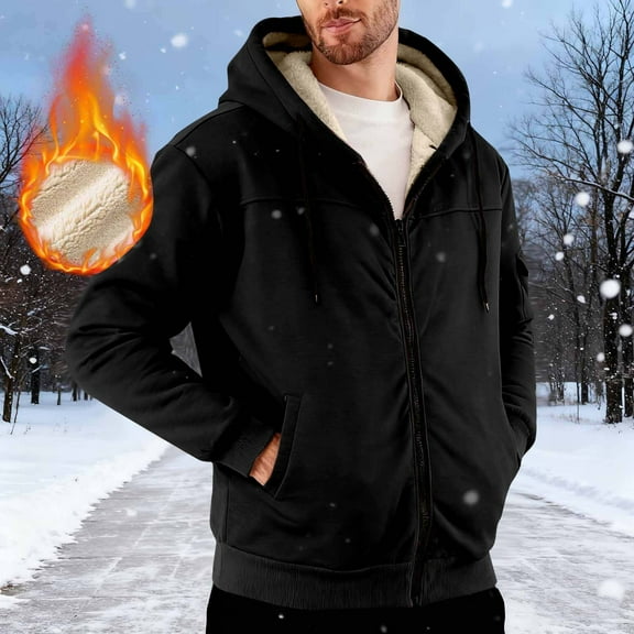 gbyLJF Mens Fleece Lined Hoodie Coats Long Sleeve Solid Color Zipper Hooded Jackets Casual Warm Outwear Tops Jacket with Pockets