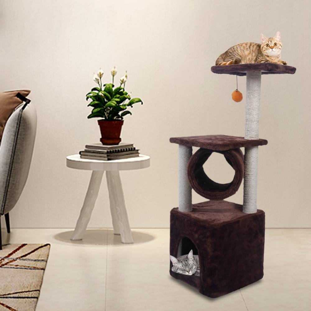 52 inch Tangkula Cat Tree Furniture Stury 3 Level Kitty Kitten Tower Condo Climber Bed Perch with Scratching Post Kitty Play House Activity Tree w/Ladder