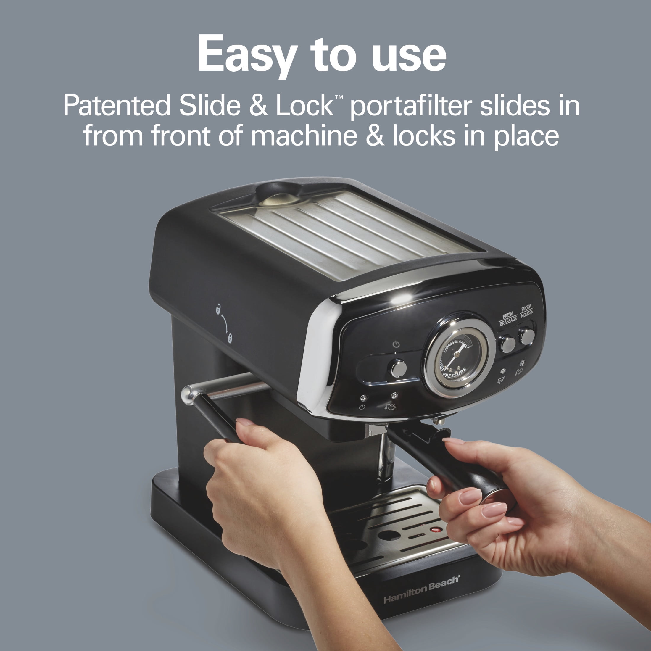 Hamilton Beach 15-Bar, 2 Cup Espresso Machine, Slide & Lock