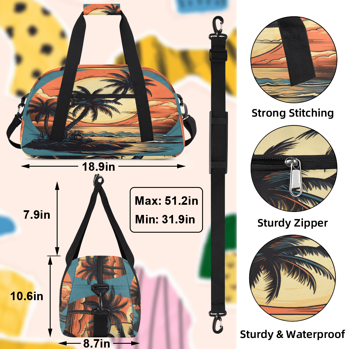 Herdesigns Ocean Sports Duffle Bag for Women & Men, Palm Trees Beach Summer Gym Bag Dance Bag Overnight Bag Carry On Weekender Travel Bag