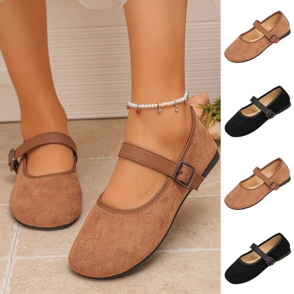 Viluyesy Womens Mary Jane Flats Round Toe Faux Suede Buckle Strap Slip On Cushioned Everyday Walking Casual Comfort Flat Shoes Brown Size US9