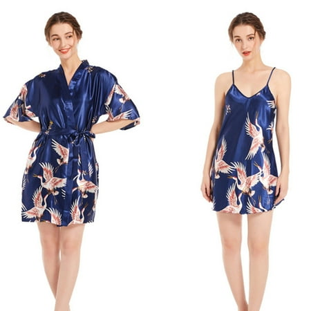 

Women Satin Robe Set Cranes Print Nightgown with Robes Silk Pajama Set 2 Pieces Lingerie Sexy V Neck Cami Sleepwear