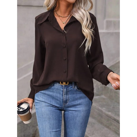 Womens Chocolate Brown Long Sleeve Casual Button Down Shirt