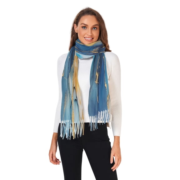 Winter Scarves for Women Azure Blue Gold Marble Fashion Pashmina Shawl Wraps Long Blanket Scarf for Fall Spring