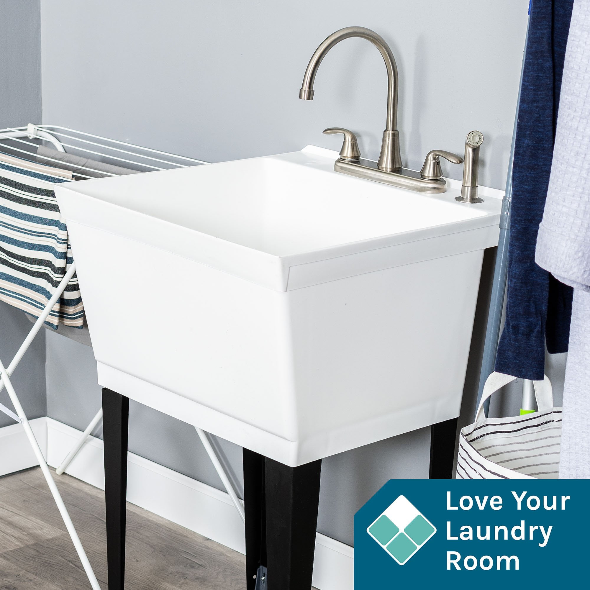 Tehila White 19 Gallon Utility Sink with Stainless Steel Finish High-Arc Dual Handle Faucet