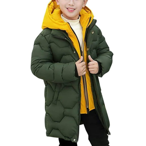 Otqutp Windproof Warm Winter Coat for Boys Zip Up Button Quilted Padded Long Puffer Jacket Teen Cold Weather Proof Outerwear