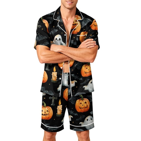 Delconic Men Halloween Printed Pajama Set Short Sleeve Button Down Top and Shorts Soft Relaxed Fit Sleepwear S to XXXXL Black L