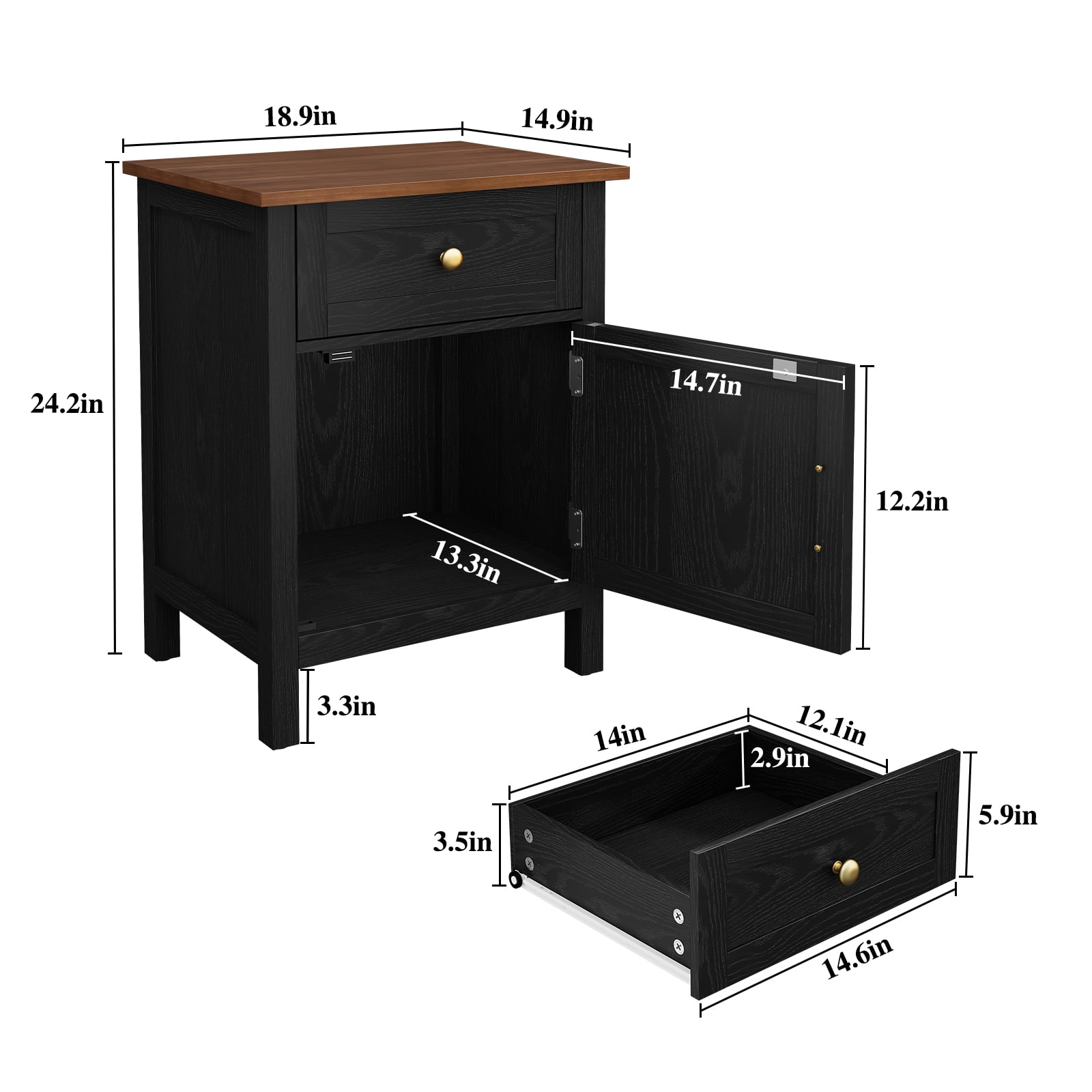 HLR 19" Farmhouse Nightstands Set of 2 with Drawer and Door, Wood Bedside Table End Table for Bedroom, Black