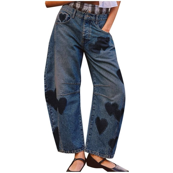 Barrel Jeans for Women Y2k Wide Leg Baggy Distressed Printed Mid Waist Loose Denim Pants Streetwear Clothes (XL, Blue)