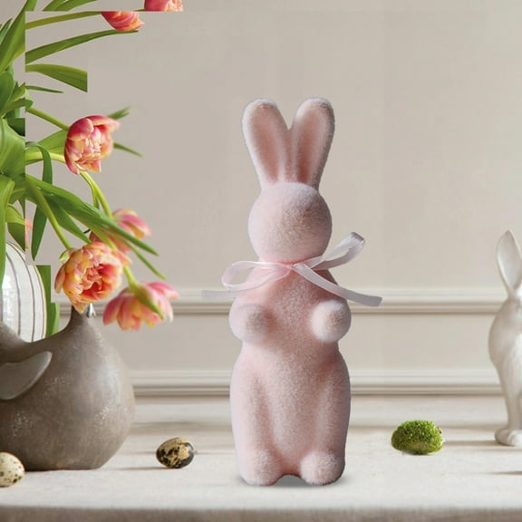 Easter Decorations Flocked Bunnies Figurine with Bow Tie Flocking Rabbit Tabletop Ornament for Easter Centerpieces for Spring Home Office Table Decor, Party Supplies