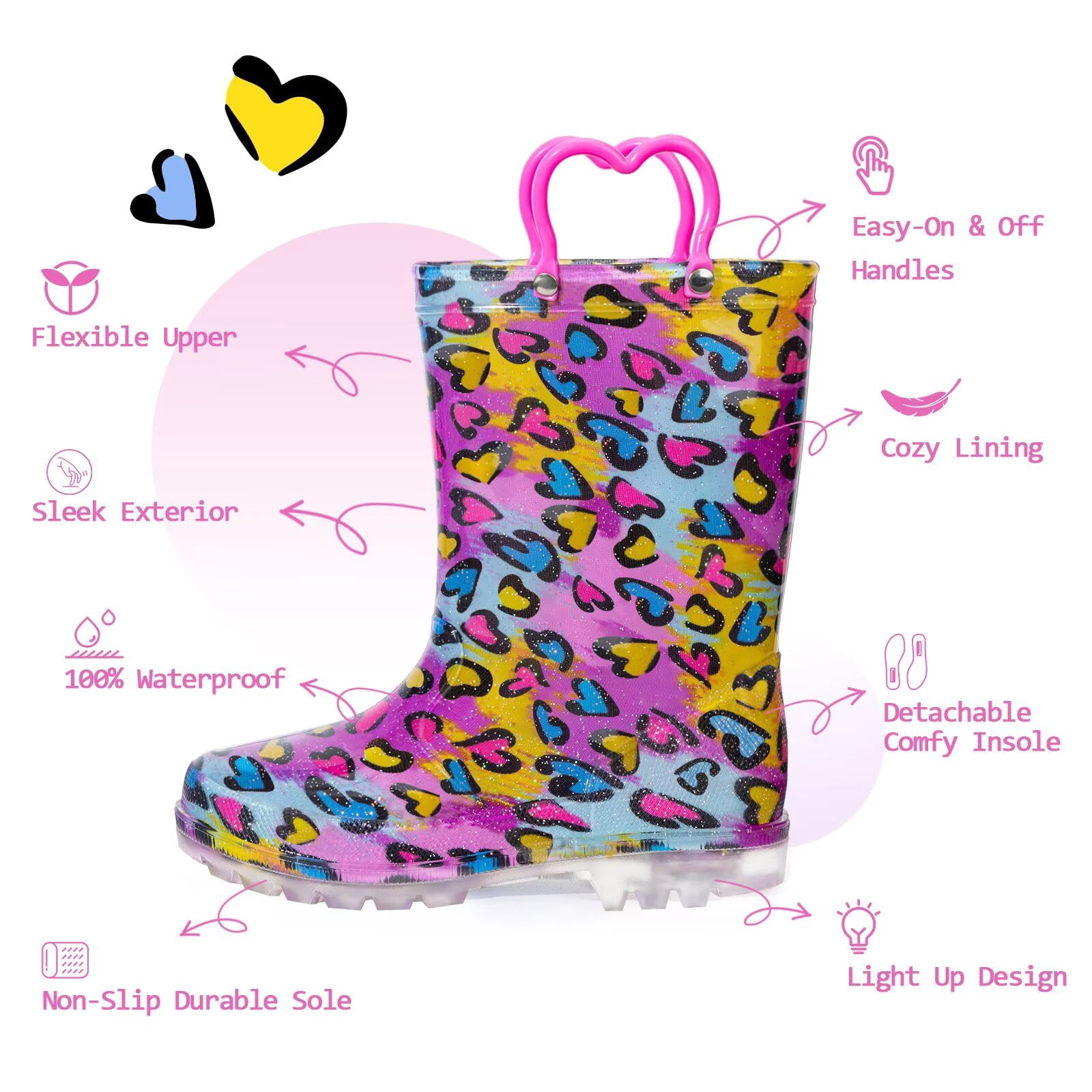 EUXTERPA Toddler Kids Light Up Rain Boots Girls Heart Waterproof Boots Toddler Size 5