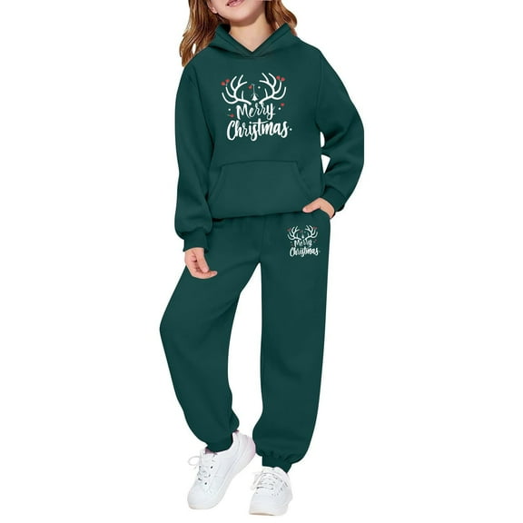 XEGLSBU Christmas Outfits for Girls 10-12 Girls Outfits 2 Pcs Long Sleeve Top and Jogger Pants Party Wear Xmas Graphic Print Soft for Toddler Family Matching Dark Green Size 9-10 Years