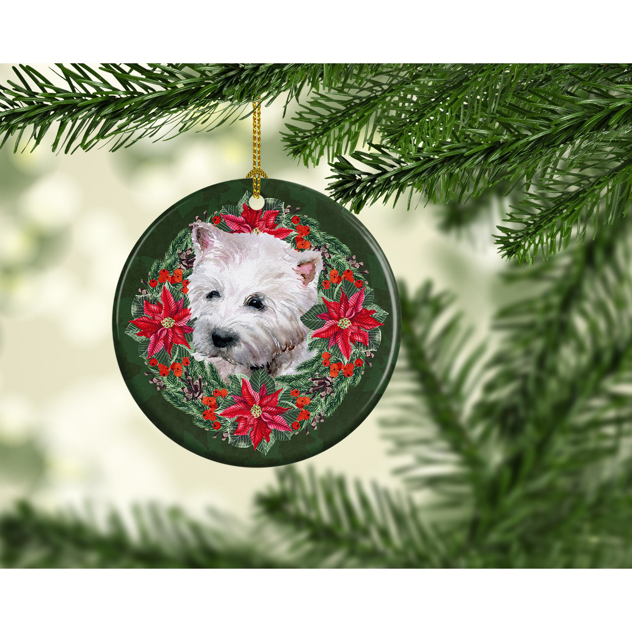 Westie Poinsetta Wreath Ceramic Ornament 2.8 in x 2.8 in