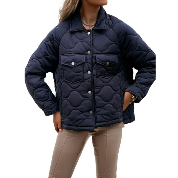 Women Quilted Lightweight Jackets Long Sleeve Lapel Neck Button Down