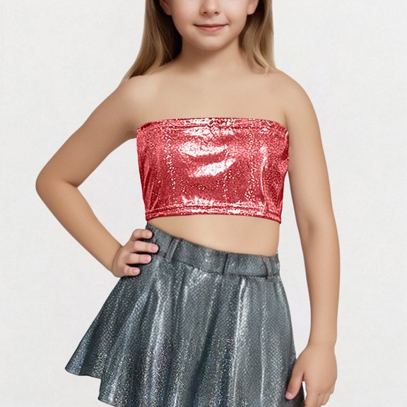 CQONEPT Kids Girls Sequins Top Stretch Bandeau Strapless Sparkl Crop Tops Party Clubwear Top Dancewear Outfit Red 11 Years