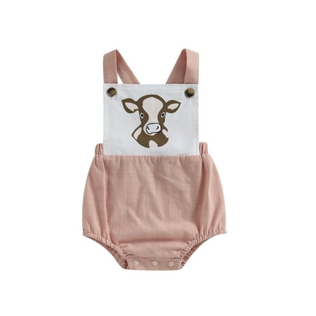 

Thaisu 0-18M Baby Girls Summer Casual Romper Sleeveless Cattle Head Print Contrast Color Patchwork Playsuit with Buttons
