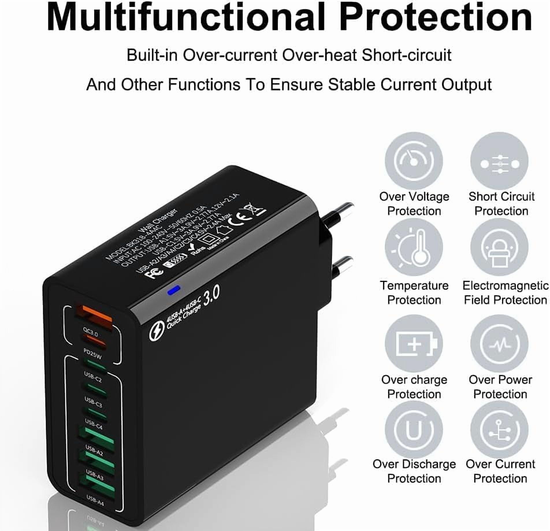 8-in-1 USB Fast Charging Station – 4 USB Ports & 4 Type C Ports Desktop Charger, Waterproof Travel Phone Charger Plug for Multiple Devices, Home Office Travel Power Hub
