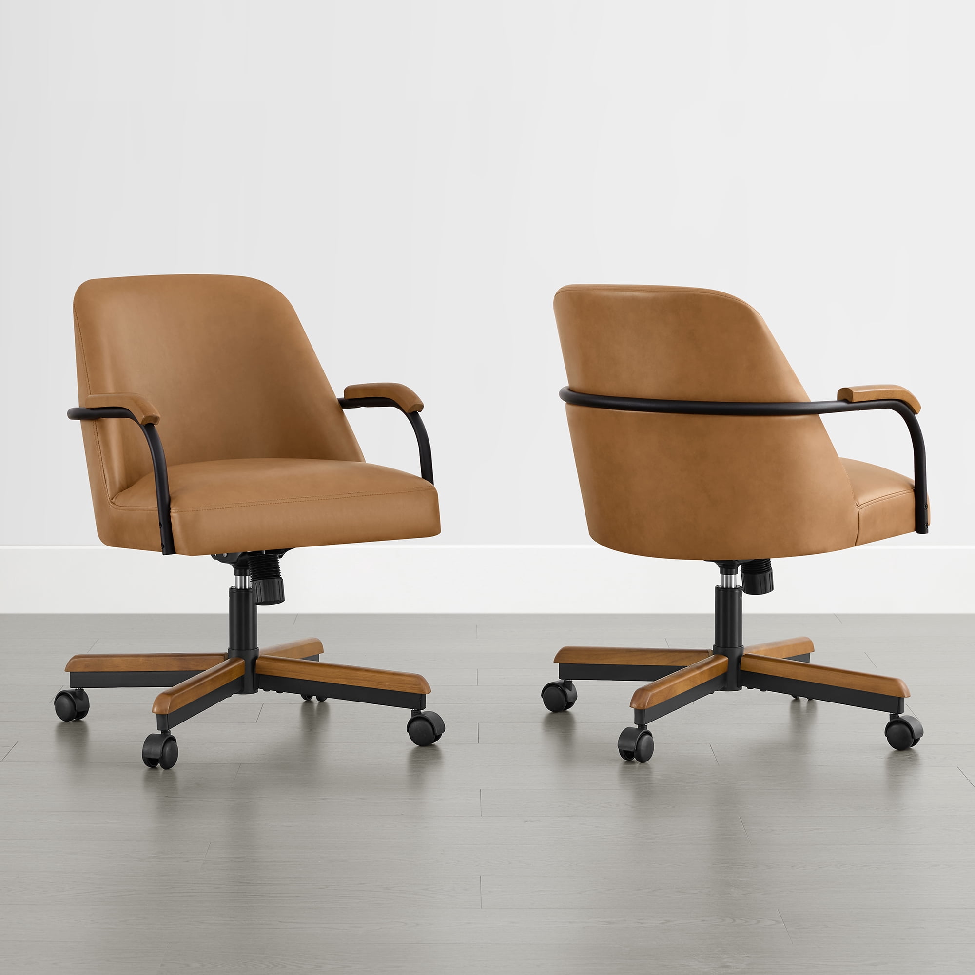 Spruce & Spring Swivel Dining Chairs Set of 2, Upholstered Tilt Chairs with Caster Wheels, Metal Frame & Wood Accents, for Dining Room, Kitchen & Home Office, Brown Faux Leather