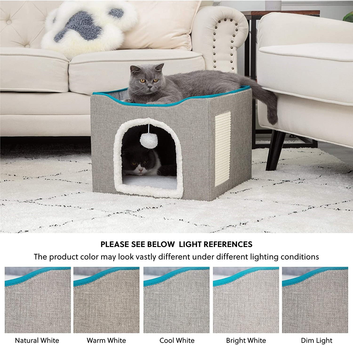 Cat Bed, HDJ Cat House with Scratch Pad and Fluffy Ball Hanging for Cat, Dog,Pets ,16.5x16.5x14 inches, Grey