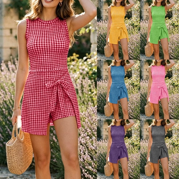 Women's Sweet Plaid Gingham Sleeveless Jumpsuits Tie Waist Wrap Skirt Overlay Shorts Rompers Summer Beach Vacation Outfits Loungewear Yellow