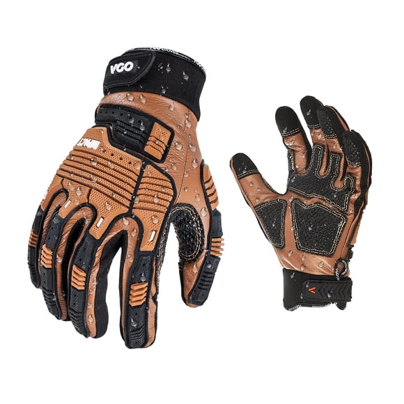 Vgo 2 Paires de Gants de Travail en Cuir de Sécurité, Gants de Mécanicien, Gants d'Impact, Gants Anti-Vibration, Gants à Gâchette, Résistants à L'Eau (l, Marron, CA7722IP)