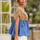 thumbnail image 5 of Camiseta de mujer Camiseta étnica de manga corta con cordones huecos Top casual de verano, Azul, L Inevent AP001227-11, 5 of 7