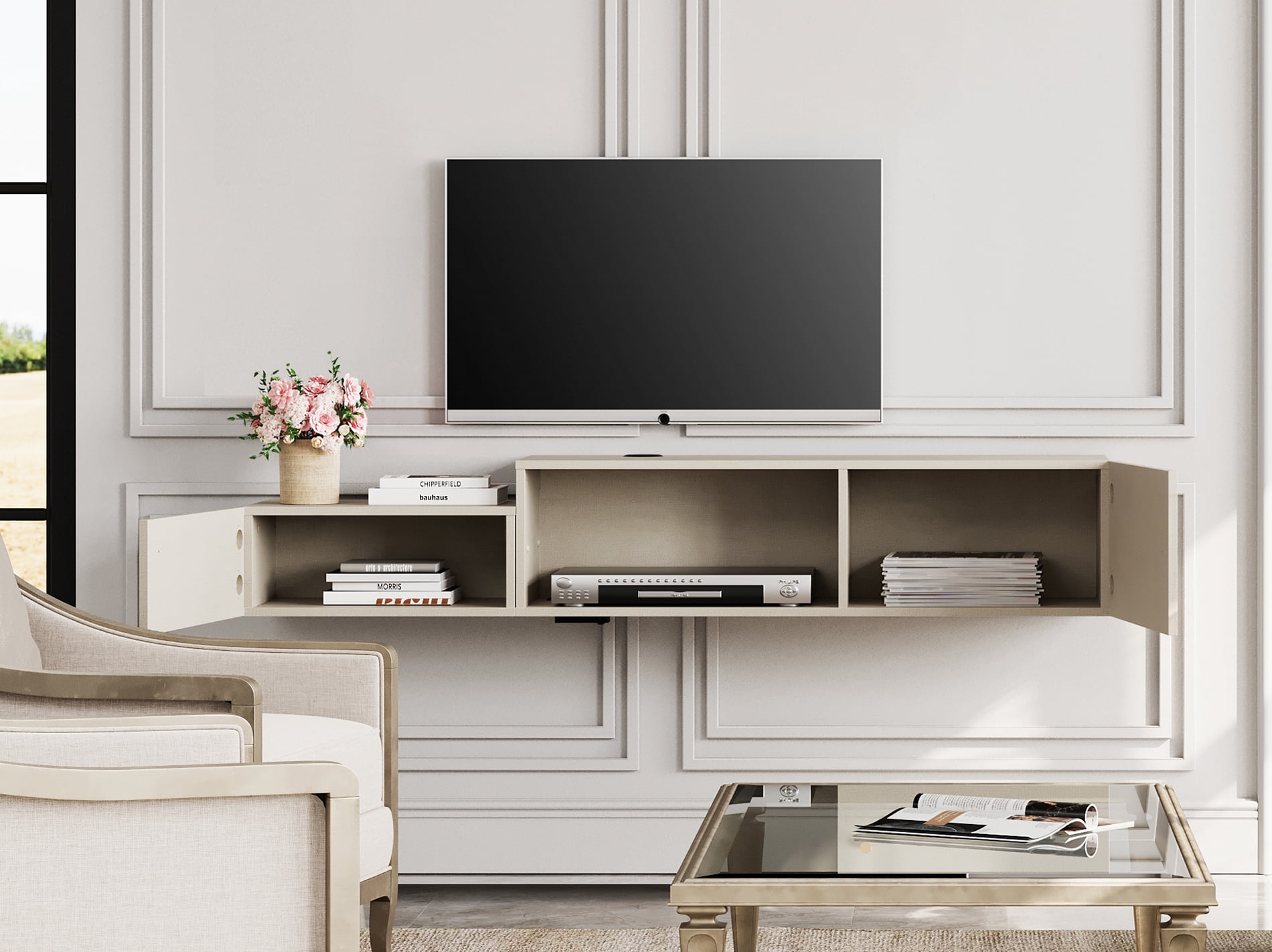Floating Entertainment Center with Charging Station, Wall Mounted TV Stand with Colorful Light, Media Console Center with Storage, Modern Shelf Hanging Hutch Component Under TV,59''