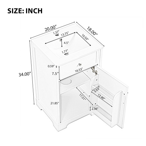 Euroco 20" Bathroom Vanity with Sink, Bathroom Cabinet with Soft Closing Door, Storage Rack and Adjustable Shelve, White (Old Sku: N725P218017K)