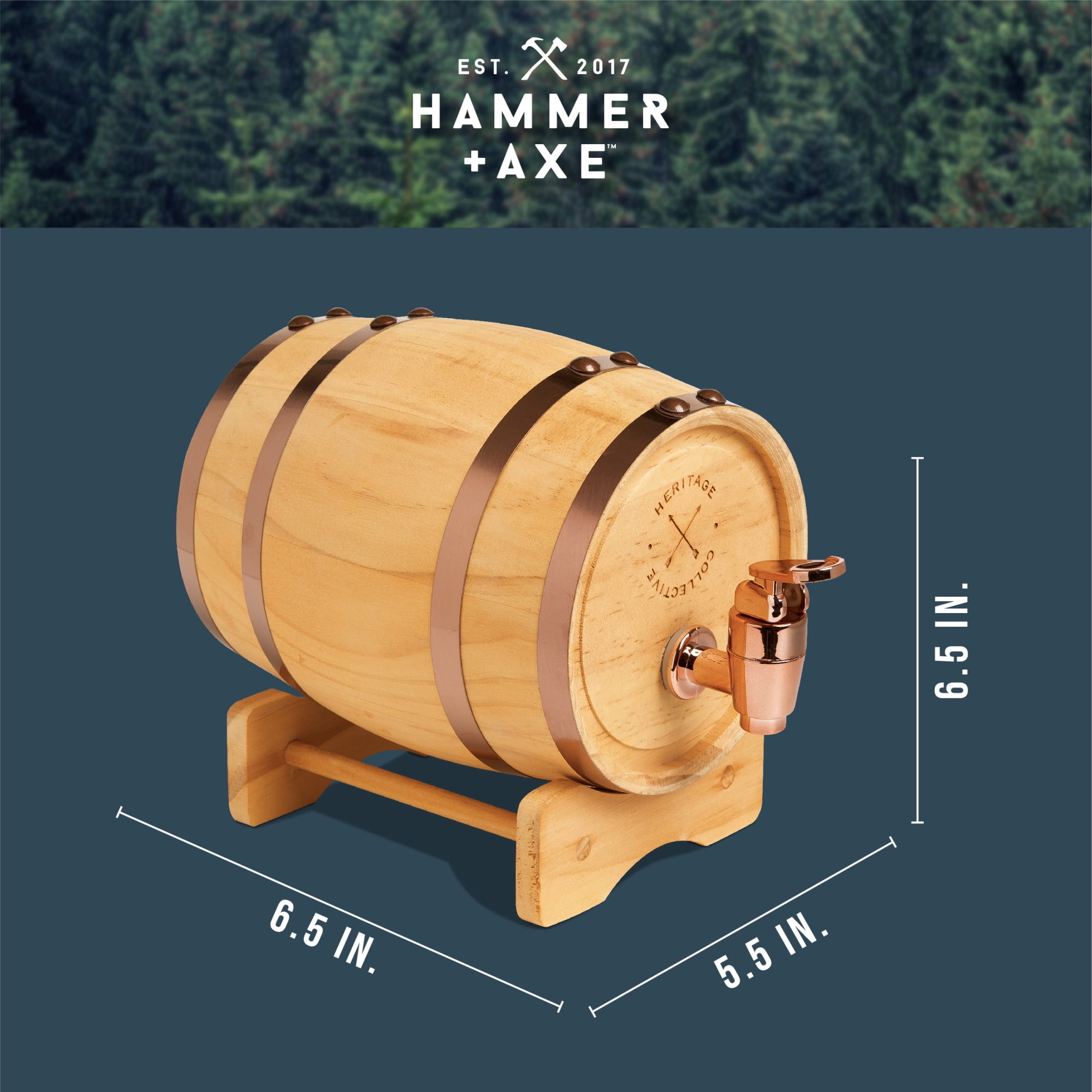Hammer + Axe Miniature Wood Whiskey 1L (27 Fl. Oz.)Wood Barrel Dispenser and Mini Infuser