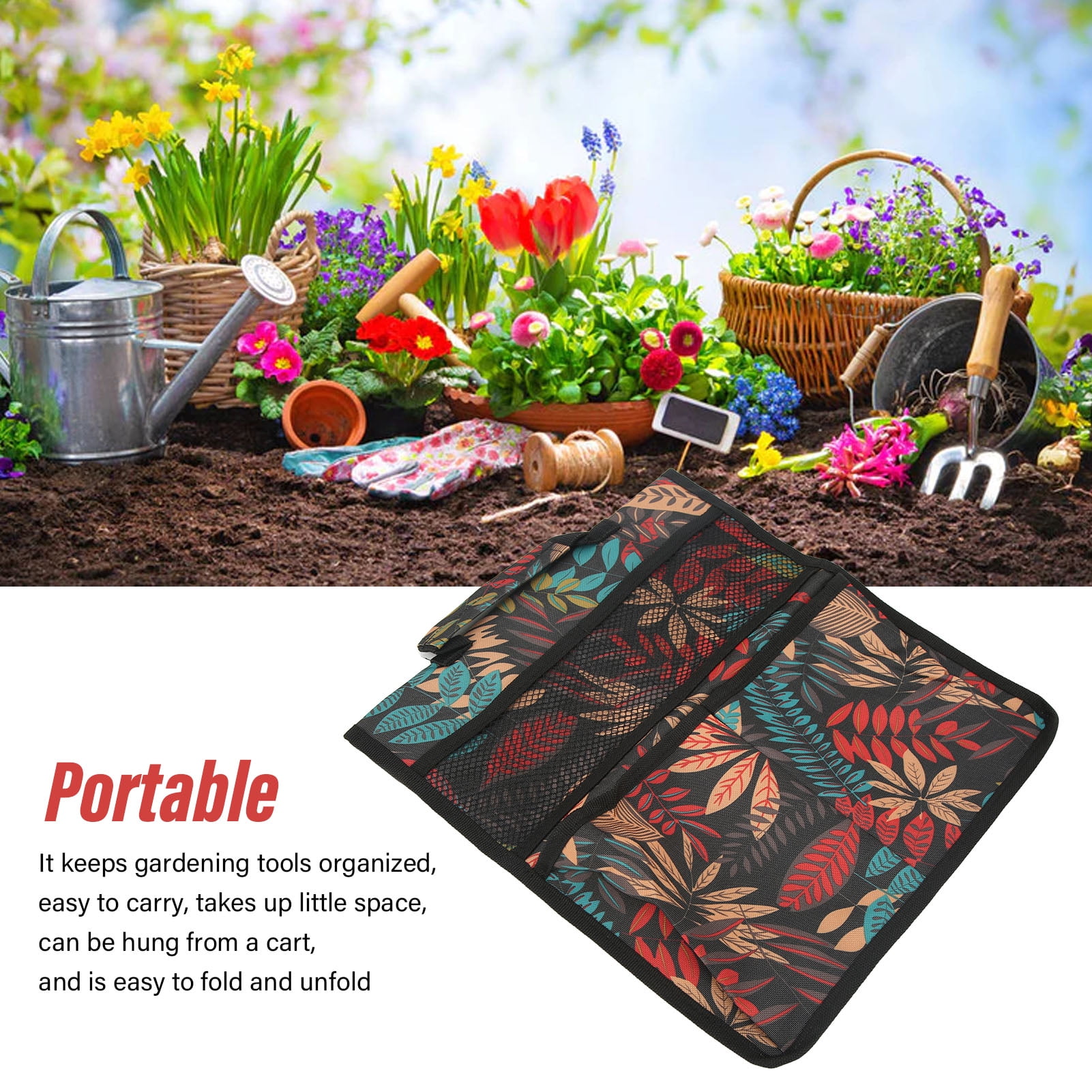 Garden Stools Side Bag, Red Leaves Multiple Pockets Comfortable Handle Garden Kneeler Tools Bag  For Patio
