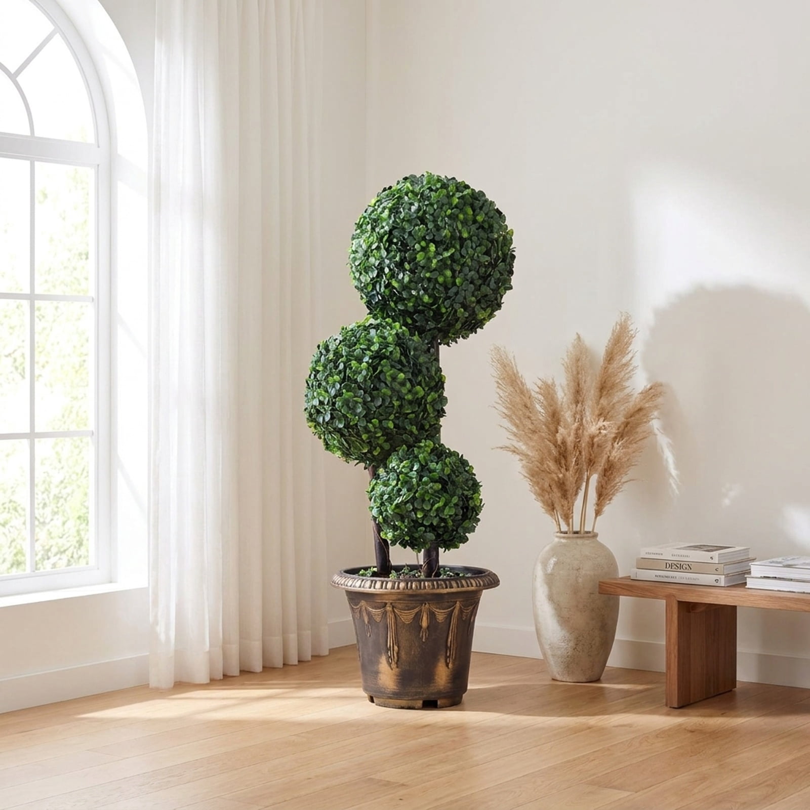 Vebreda Artificial Plant Decor, 2.5/3 FT Artificial Boxwood Topiary Tree Triple Ball Shrubs, Triple Ball Display, No-Care Daily Beauty