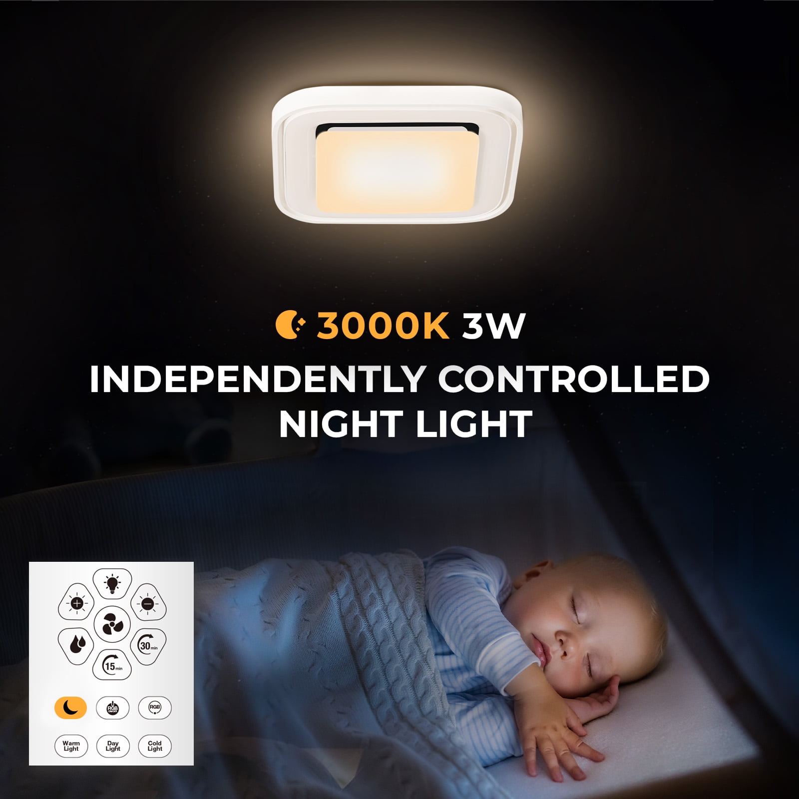 Akicon Bathroom Exhaust Fan with RGB LED Light, 110 CFM 1.5 Sone Ultra Quiet Bathroom Vent Fan for Ceiling, 3CCT Dimmable Light & Nightlight, Remote Control, Square, White