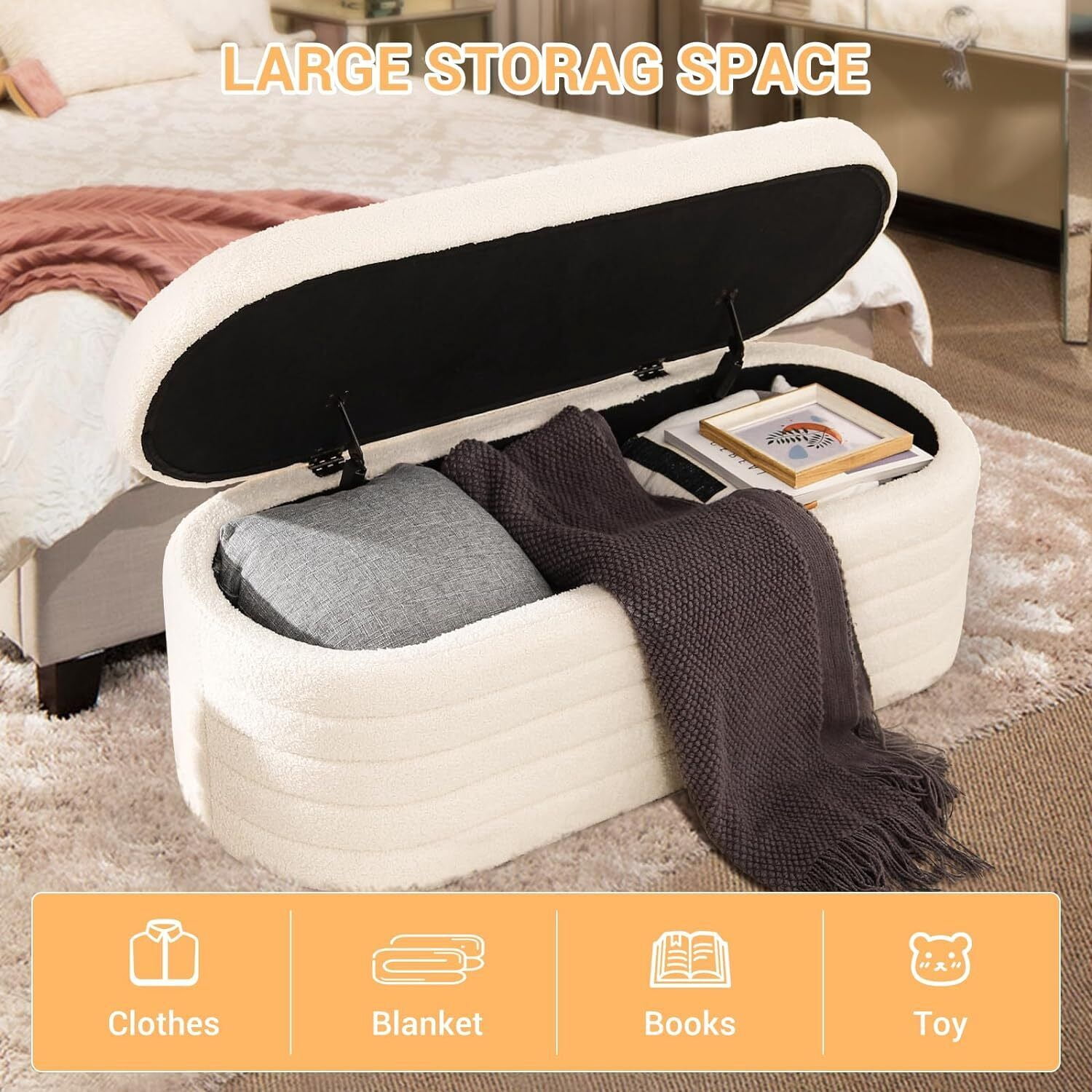RIDWIND 45.5 inch White Teddy Velvet Storage Ottoman Bench Upholstered Bedroom End of Bed with Safety Hinge for Bedroom Living Room Entryway Dorm Foot Rest Footstool