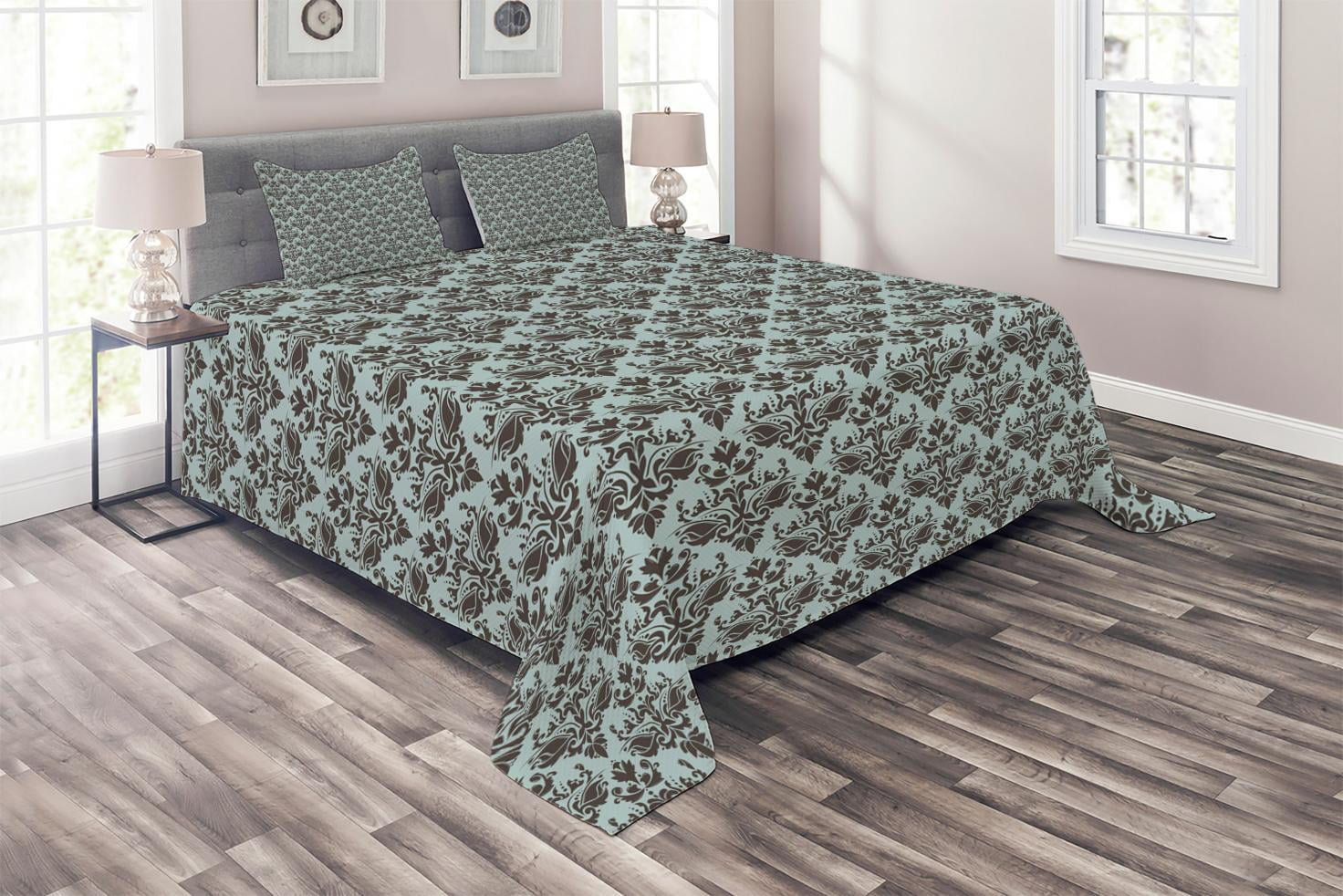 Damask Coverlet Set King Size, Damask Shapes Motif Western Modular