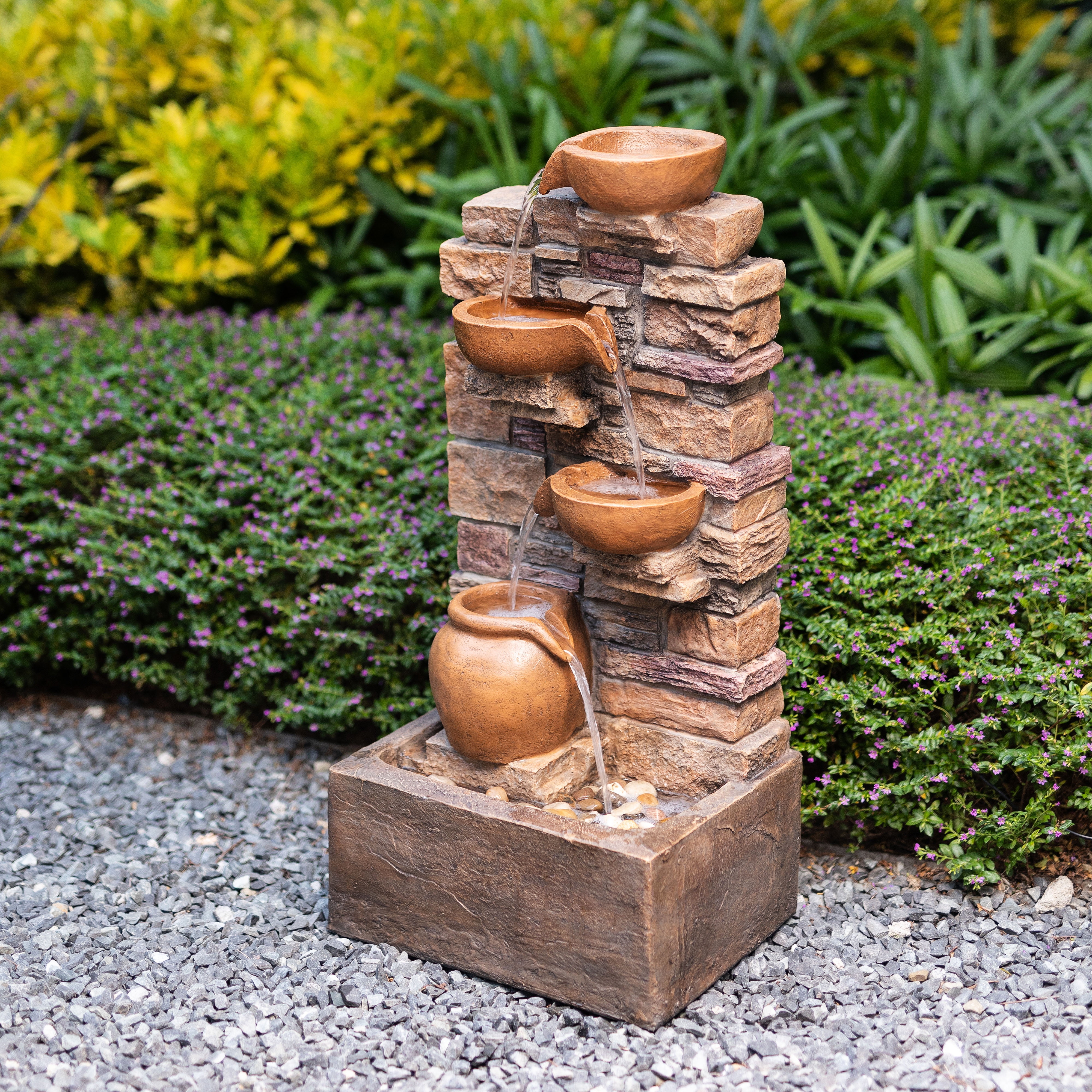 Teamson Home 28.5" Outdoor 4-Tier Stacked Stone Cascading Water Fountain with LED Lights, Brown