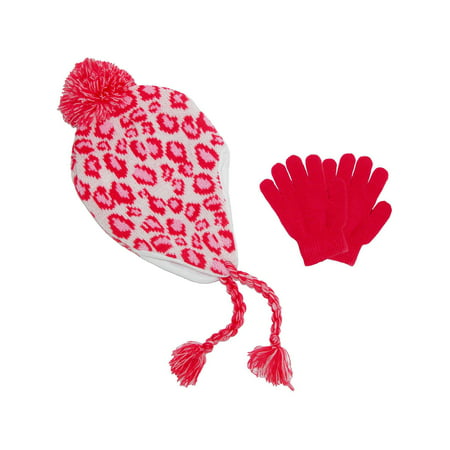 Girls' & Teens' Fleece Lined Animal Print Hat and Glove Set