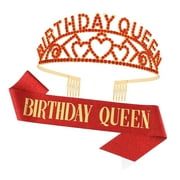 SKYSONIC Rose Birthday Queen Rhinestone Tiara and Sash - Birthday Glitter Decorations for Women (Multi Color Letter)