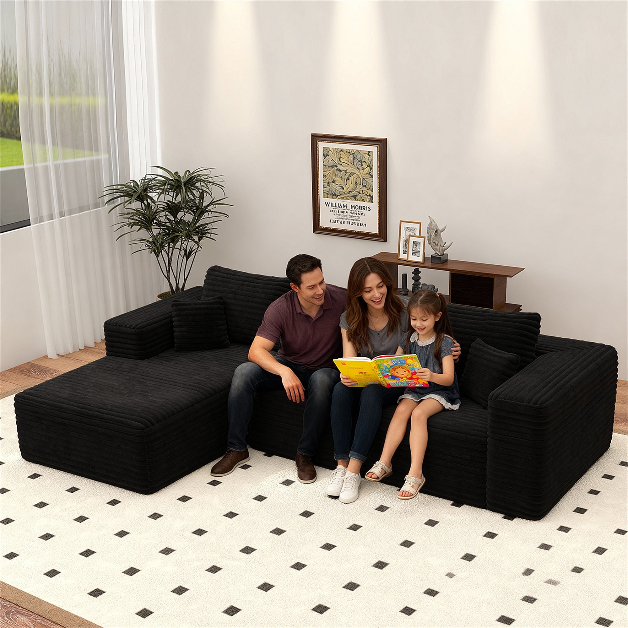 Aukfa 106" Cloud Sectional Sofa Boneless Couch Modular Sofa Bed for Living Room, 2Pillows, Left Chiase, Corduroy, Black