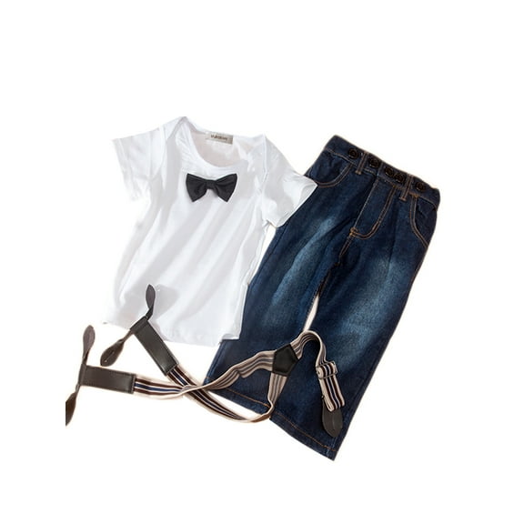 StylesILove Baby Boy White 3D Bowtie Tee, Suspender Straps and Jeans 3-pc (4-5 Years)