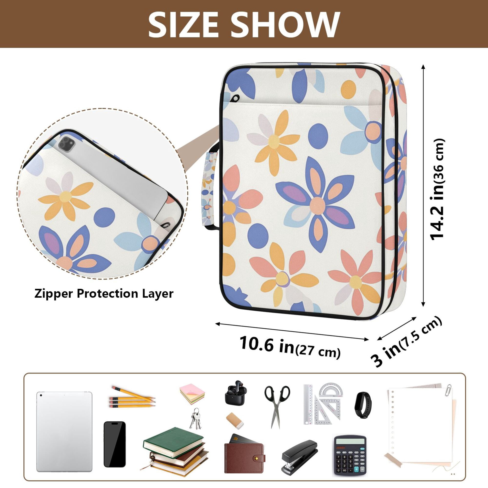 FORMRS Accordion File Folder A4 Size 7-Pocket Expanding Document Organizer Bag with 3 Ring Binder, Blue Retro Flower