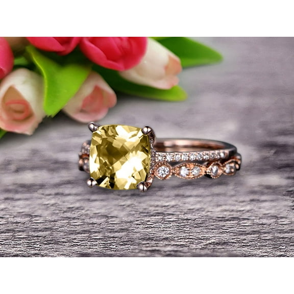 7mm Cushion Cut 2.30 Carat Champagne Diamond Moissanite Engagement Ring With Unique Wedding Band 10k Rose Gold Art Deco Bridal Set Anniversary Gift