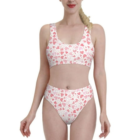 Bixox Cute Hand Drawn Hearts Pattern Two-Piece Sports Bikini with U-Shaped Top and High-Waist Bottom - Women s Swimwear with Removable Bra Pads