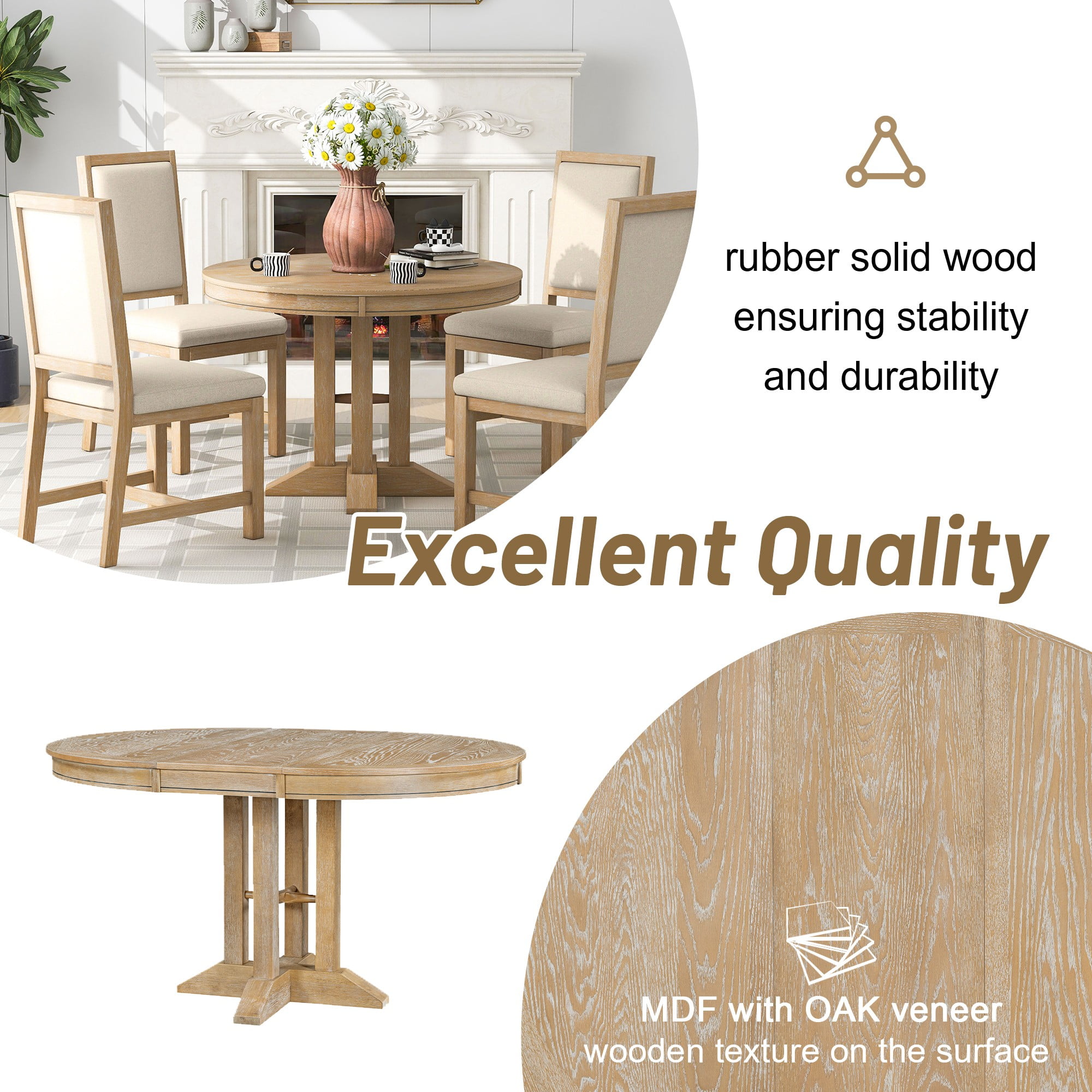 Aukfa Extendable Dining Table for 4-6, 42"-56" Round Kitchen Table with Removable Leaf for Dining Room/Living Room, Natural Wood