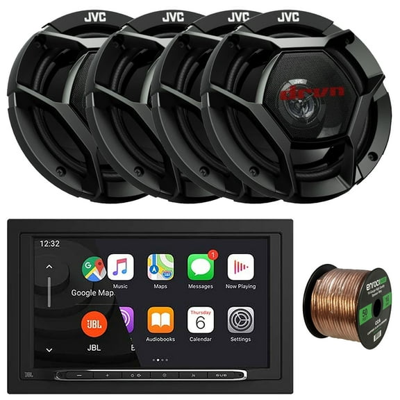 JBL Legend 700 7” Touchscreen Display Double-DIN Mechless Bluetooth AM/FM Receiver W/Wireless Apple CarPlay & Android Auto, 4x 6.75" 300W Max Power Shallow-Mount Coaxial Speakers W/50 Feet 16G Wire